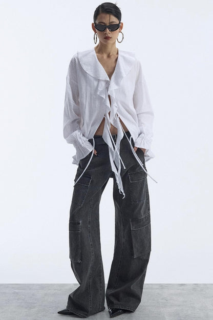 Winter White Ruffled V-Neck Shirt