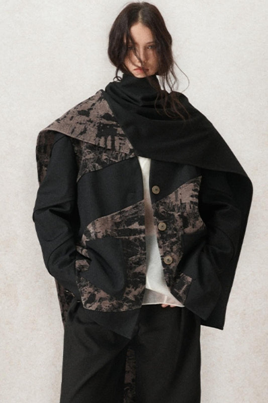 Velvet Panel V-neck Coat With Scarf Set-Up