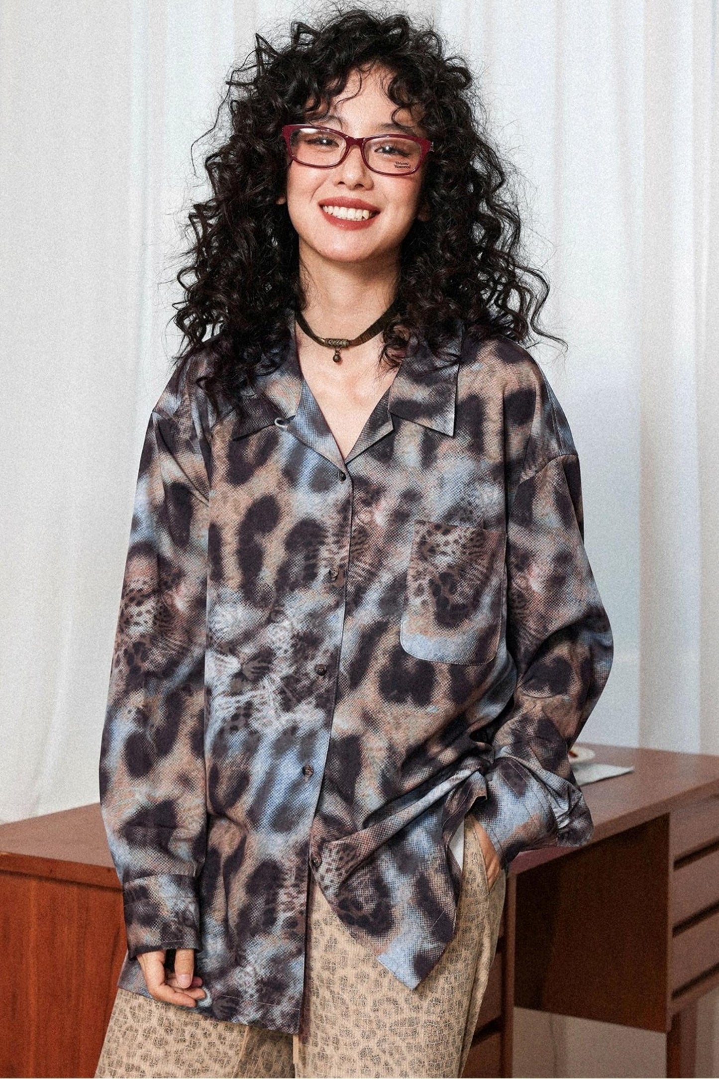 Vintage Leopard Print Cuban Collar Long-Sleeved Shirt