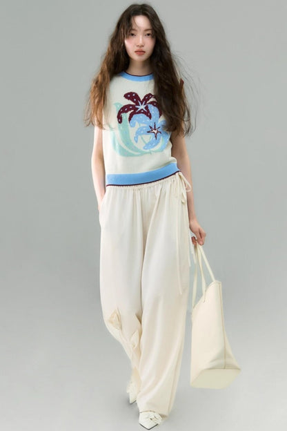 Three-Dimensional Calla Lily Linen Blend Wide-Leg Pants