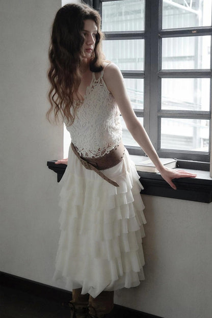 Embellished Lace Vest and Ruffle Skirt Set-Up