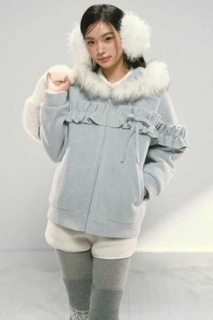 Lace Hooded Cotton Tweed Zip Jacket