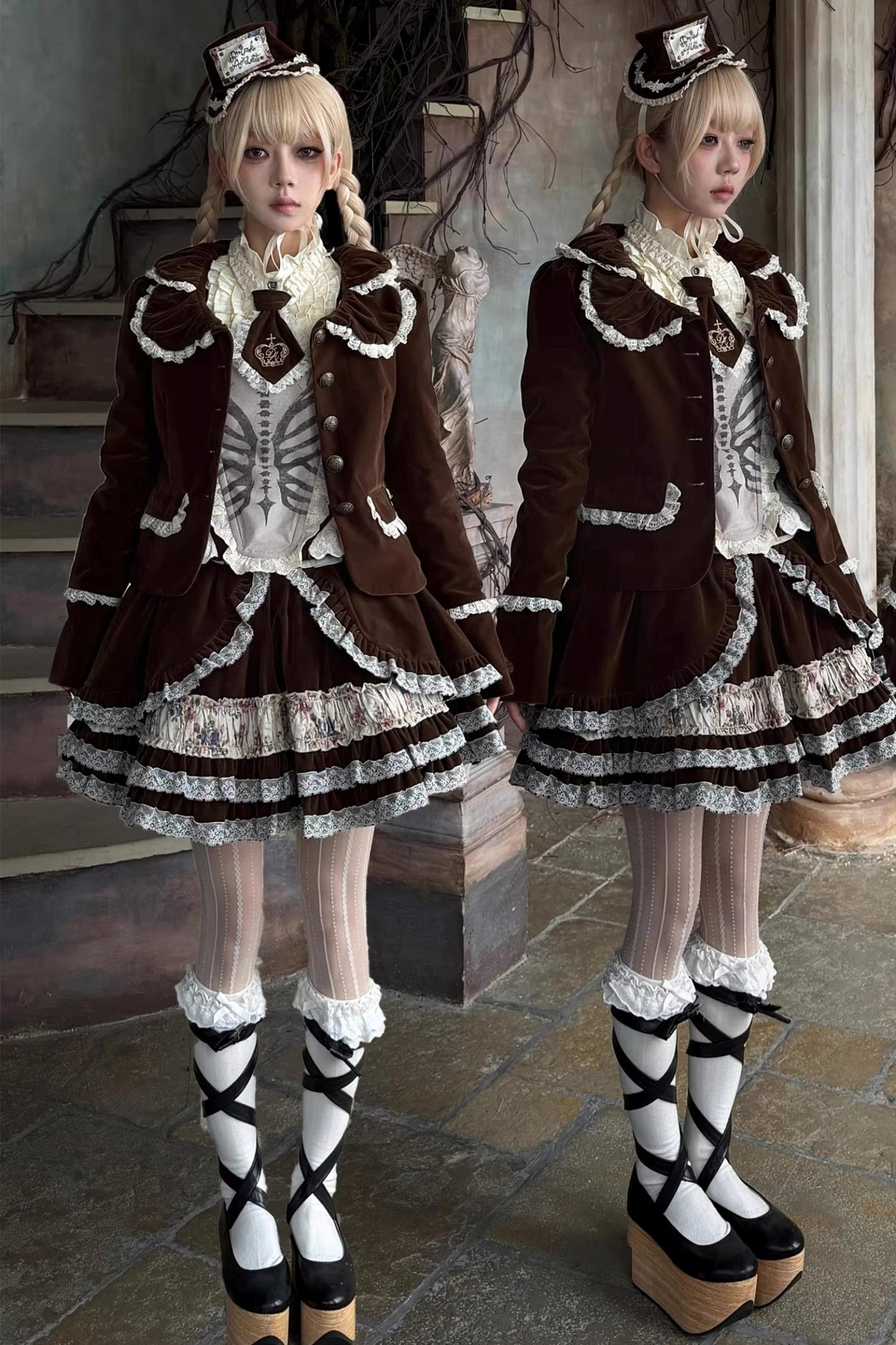 Bone Print Velvet Corset Vest