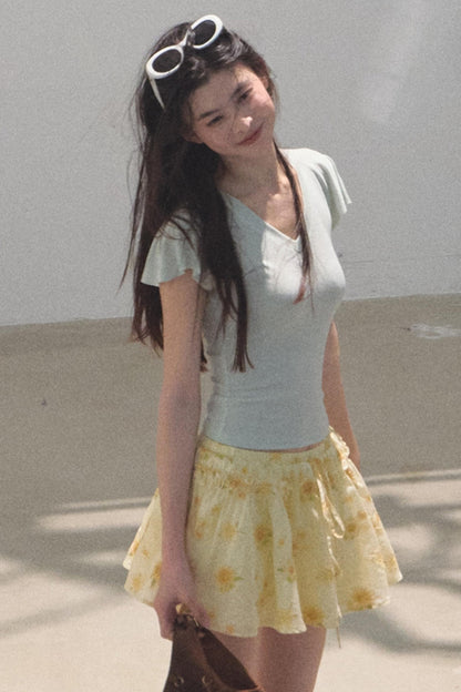 Green Apples Sleeve V-Neck Skinny Top