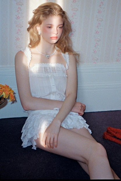 Square-Neck Vest Cropped A-Line Puffed Skirt Set-Up