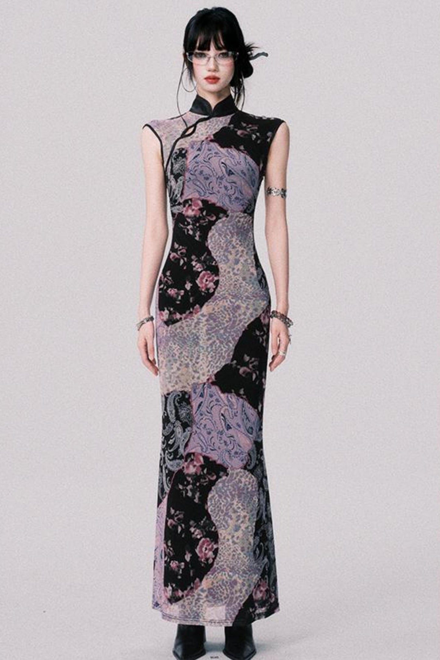 Smokey Purple Color-Blocked Cheongsam Dress