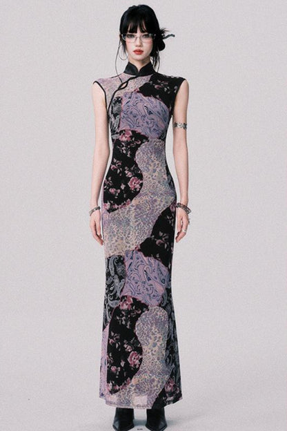 Smokey Purple Color-Blocked Cheongsam Dress
