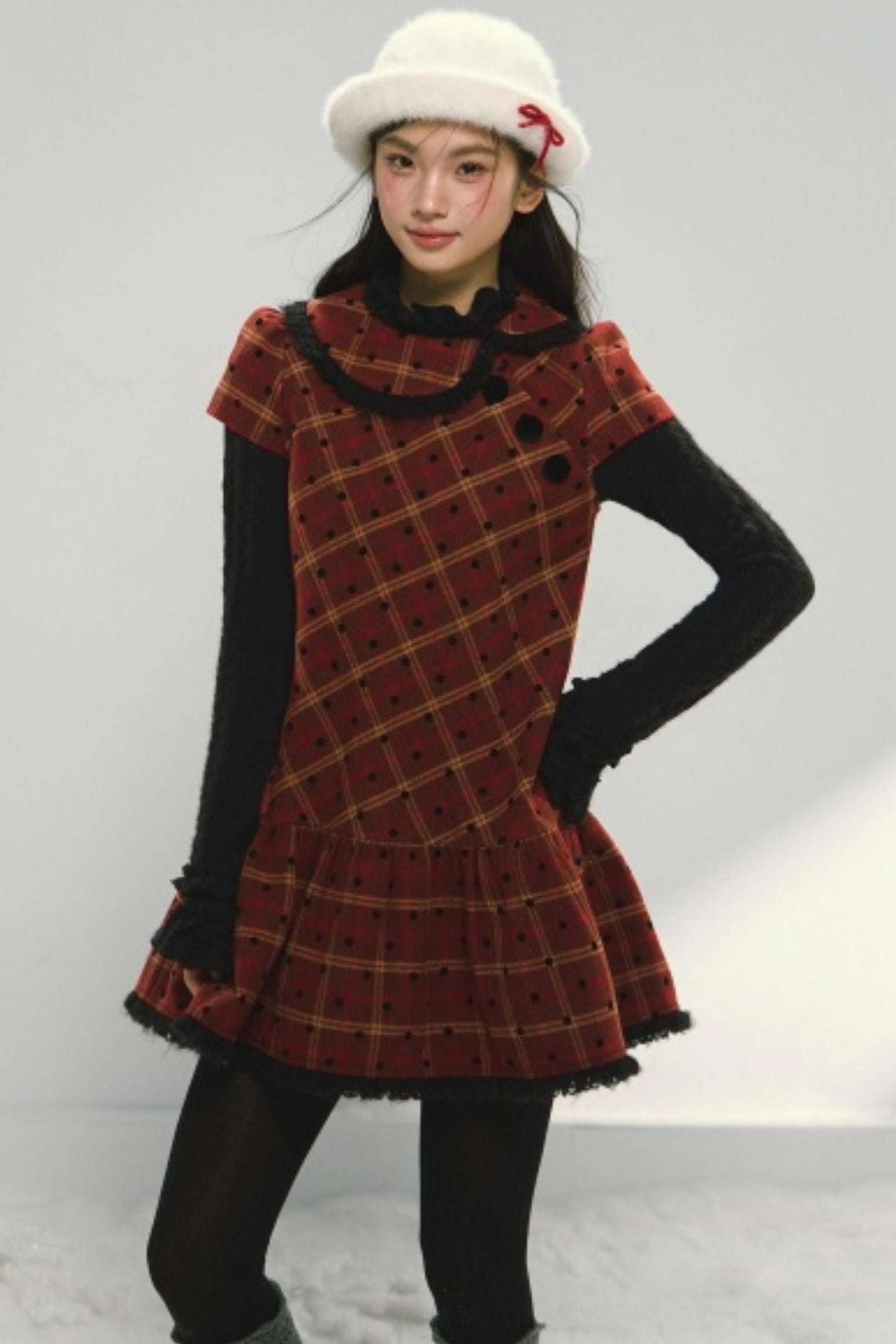 Christmas Plaid Tweed A-Line Dress Set-Up
