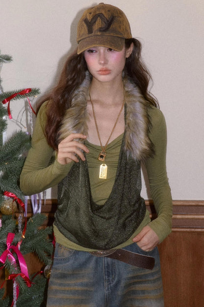 Detachable Fur Collar T-Shirt