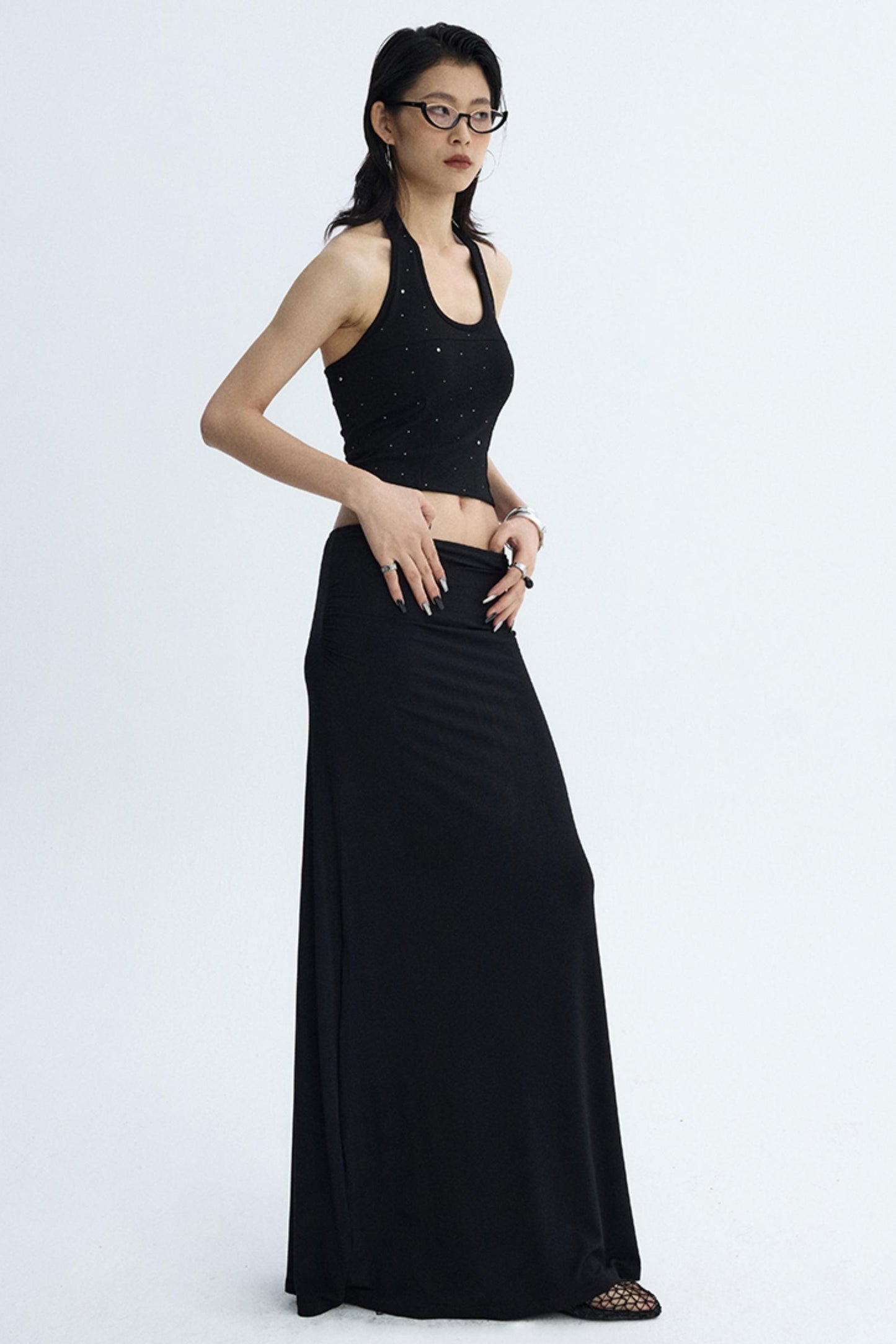 Black Draped Maxi Skirt