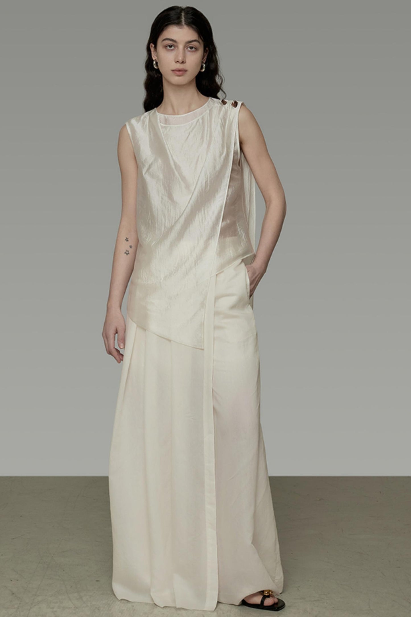 Draped Asymmetric Wide-Leg Trousers