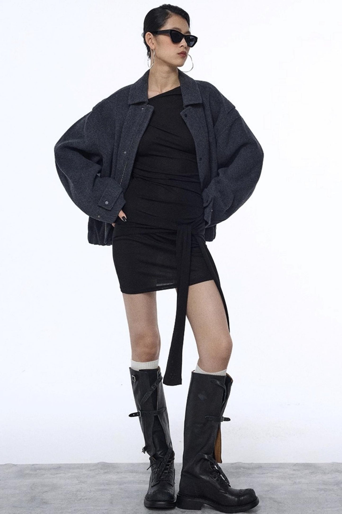 Pleated Strap Long-Sleeved Dress