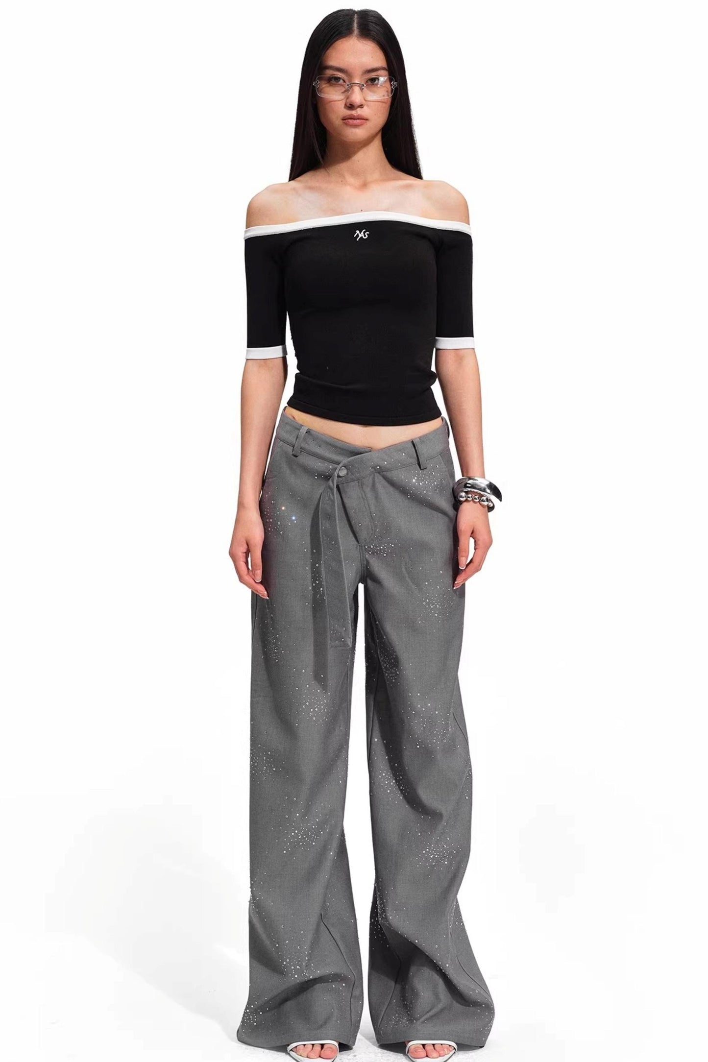 Starry Rhinestone Wide-Leg Pants