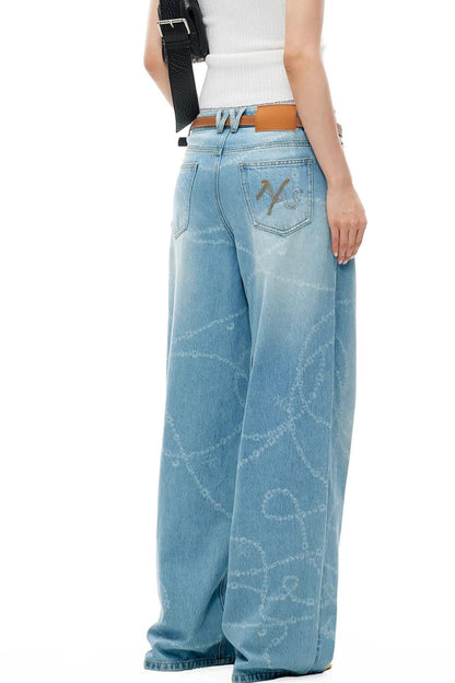 Washed Laser Print Denim Pants