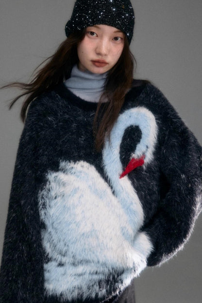 Moonlight Swan Faux Velvet Sweater