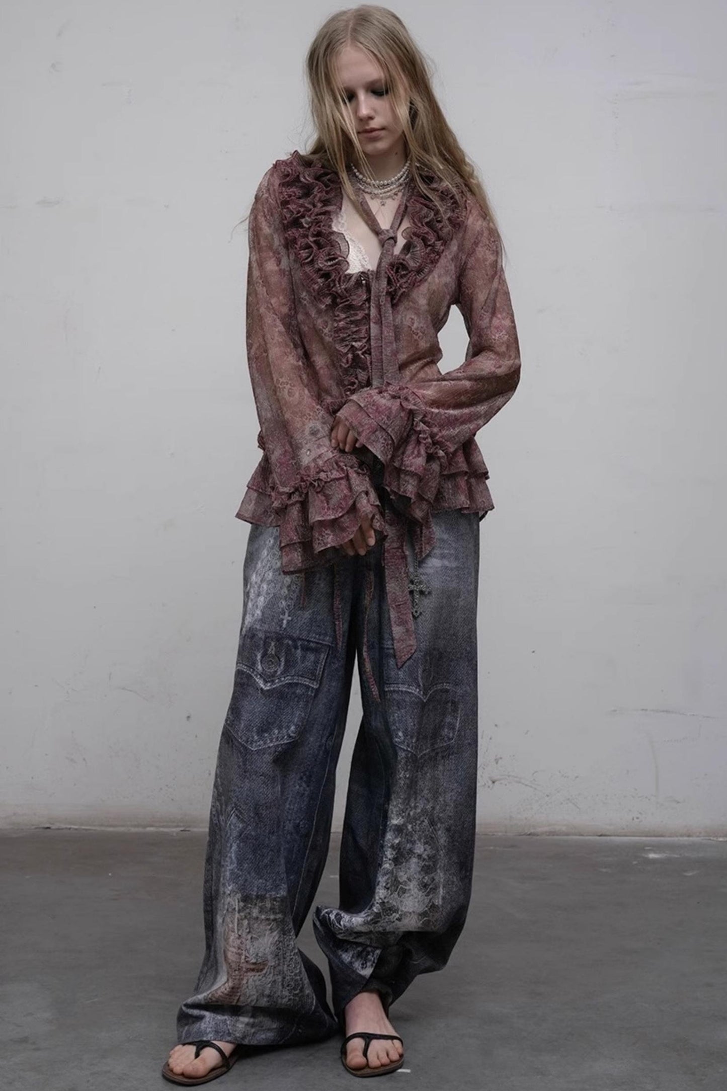 Printed Blue Wide-Leg Denim Pants