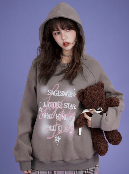 Letter print pullover hooded and suede thick coat