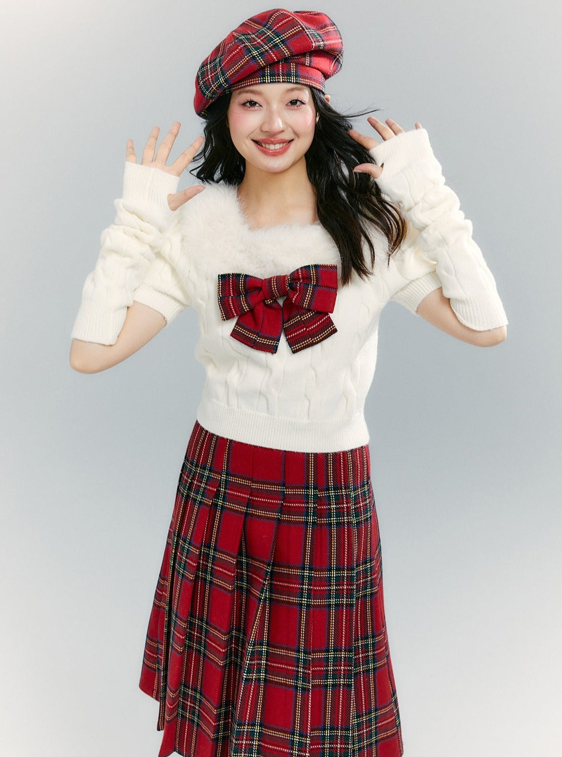 Fur Collar Tops Red Plaid Skirt 2-piece Set