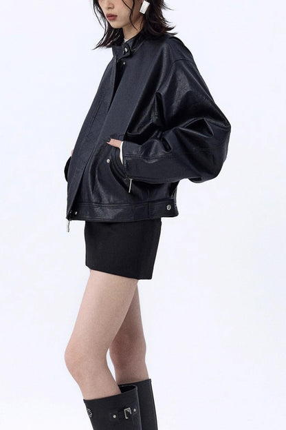 Stand-Up Pleated Leather Jacket