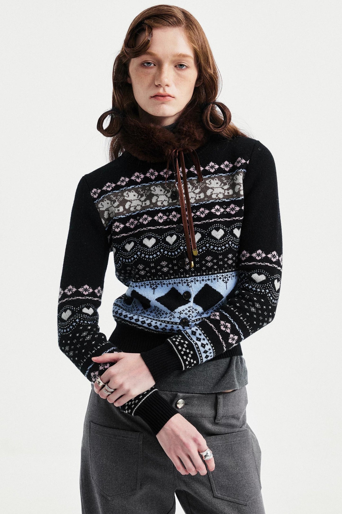 Retro Bear Jacquard Wool Cardigan