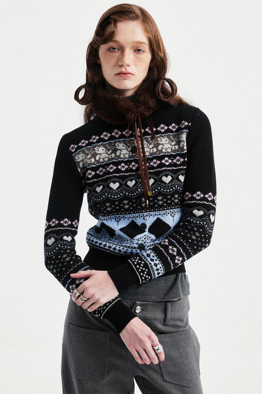 Retro Bear Jacquard Wool Cardigan