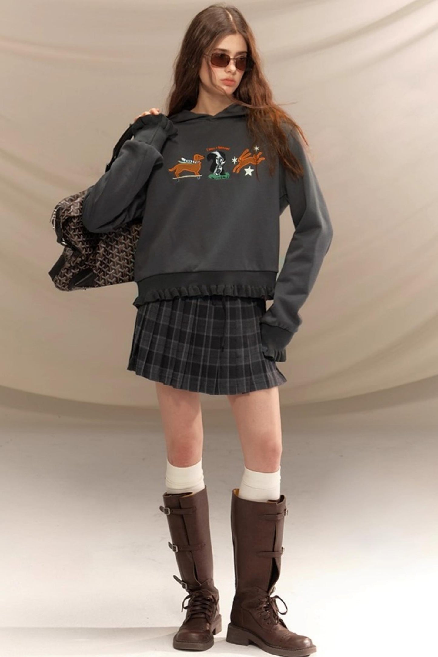 Gray Plaid Pleated Skirt