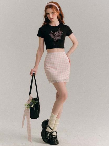 Plaid Lace Hip-Hug Skirt