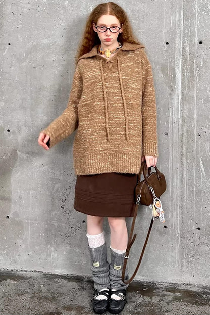 Lace-Up Collar Sweater Set-Up