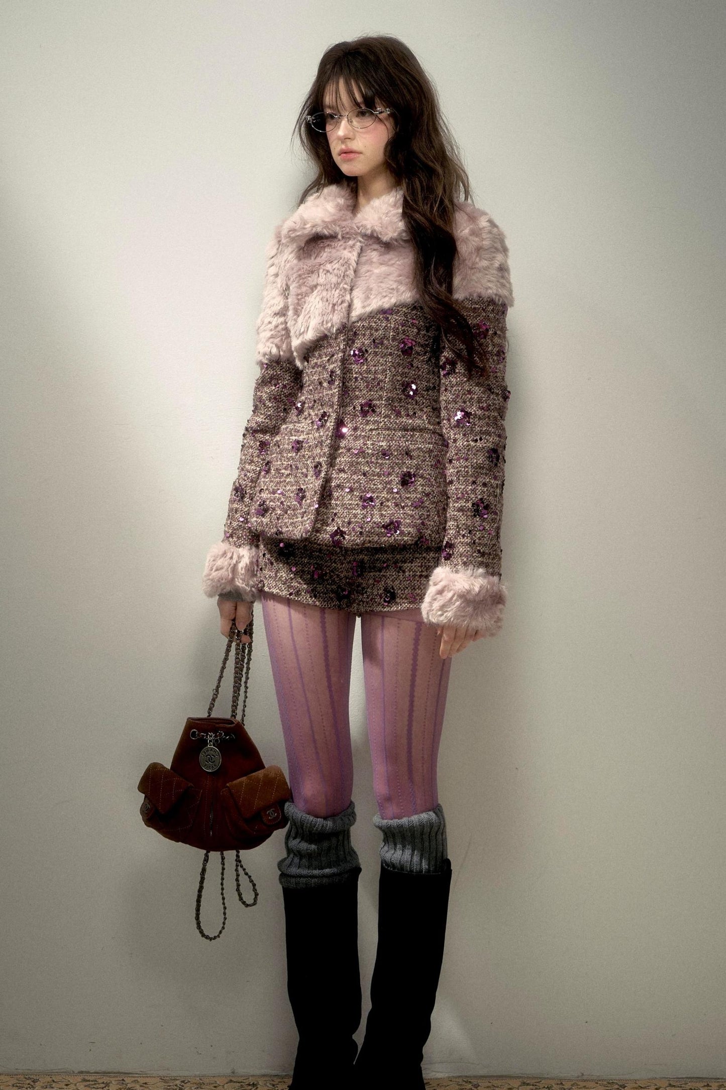 Retro Chic Purple Sequin Tweed Suit Set-Up