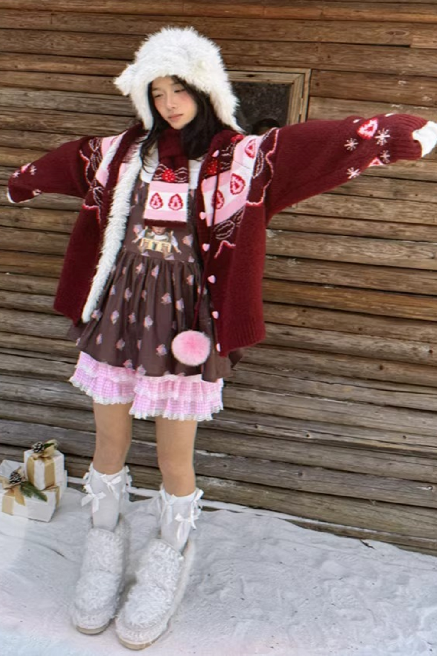 Fair Isle Strickjacke mit Erdbeermuster