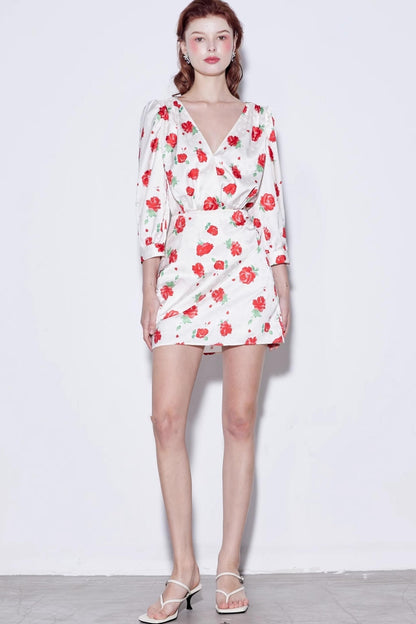 Satin Rose Jacquard V-Neck Dress