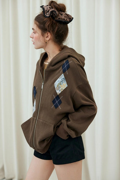 Diamond Check Hooded Cardigan