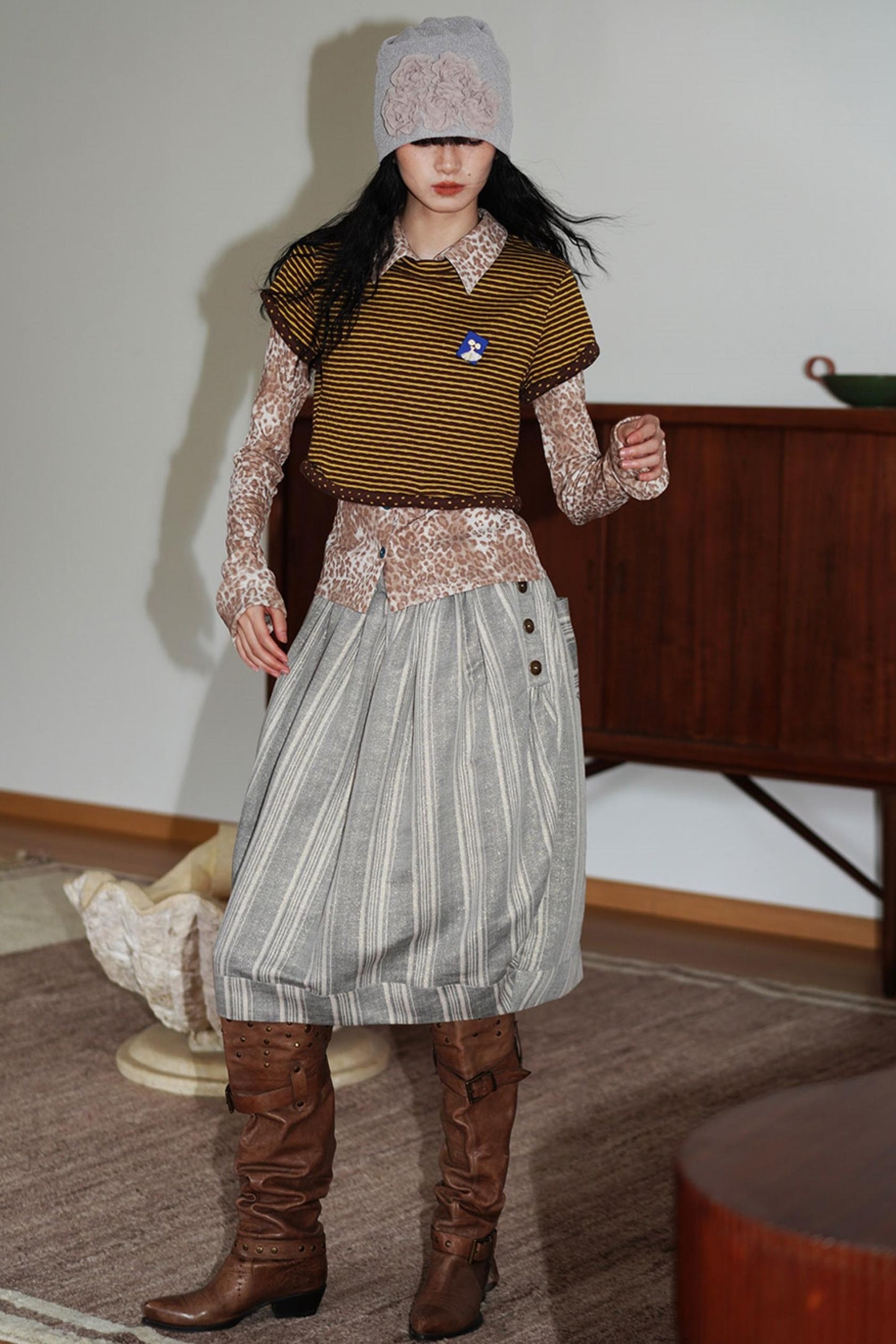 Vintage Striped Rolled Hem Short-Sleeve Top