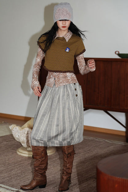 Vintage Striped Rolled Hem Short-Sleeve Top