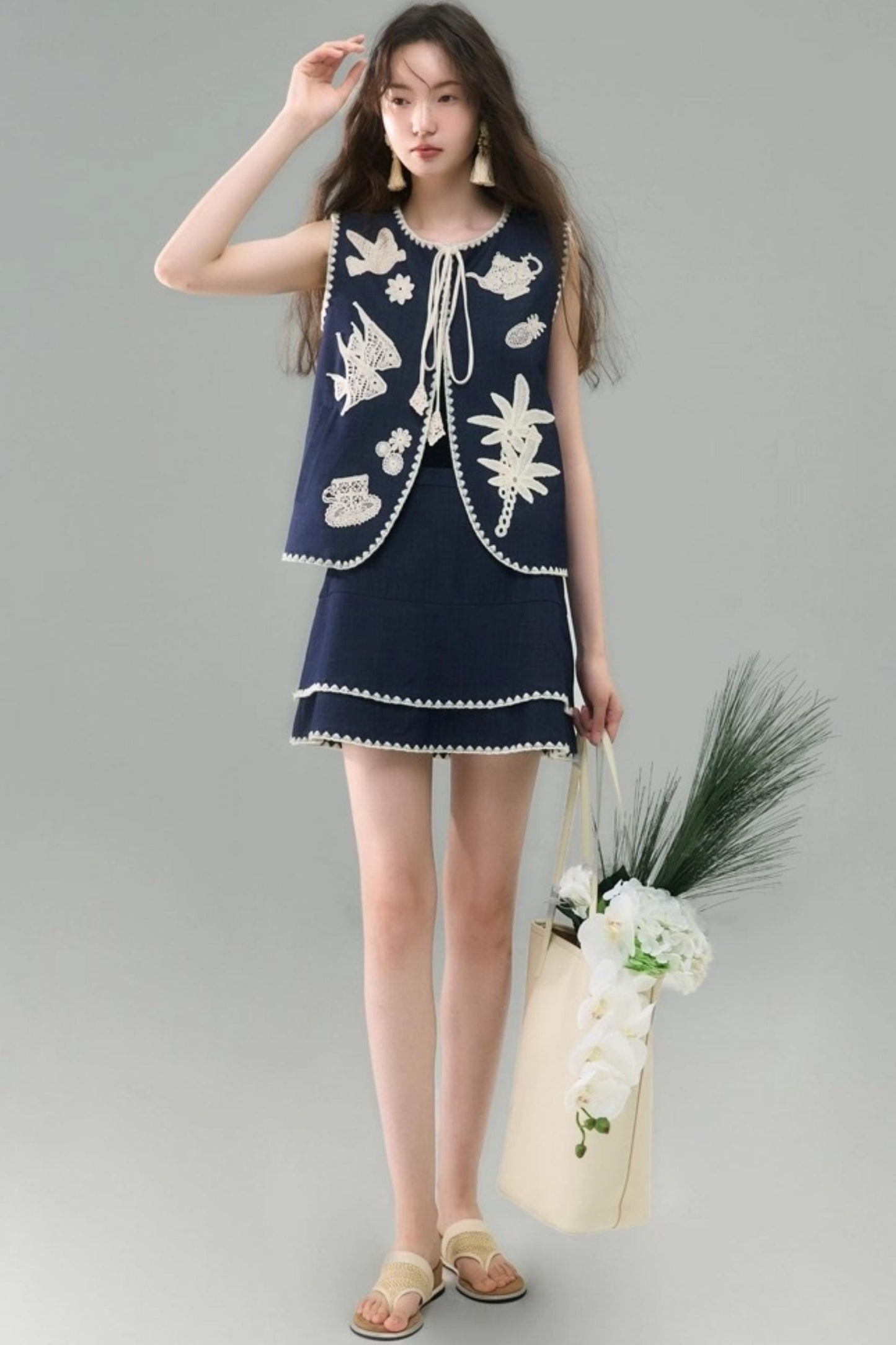 Island Tea Flower Embroidered Top & Skirt Set-Up