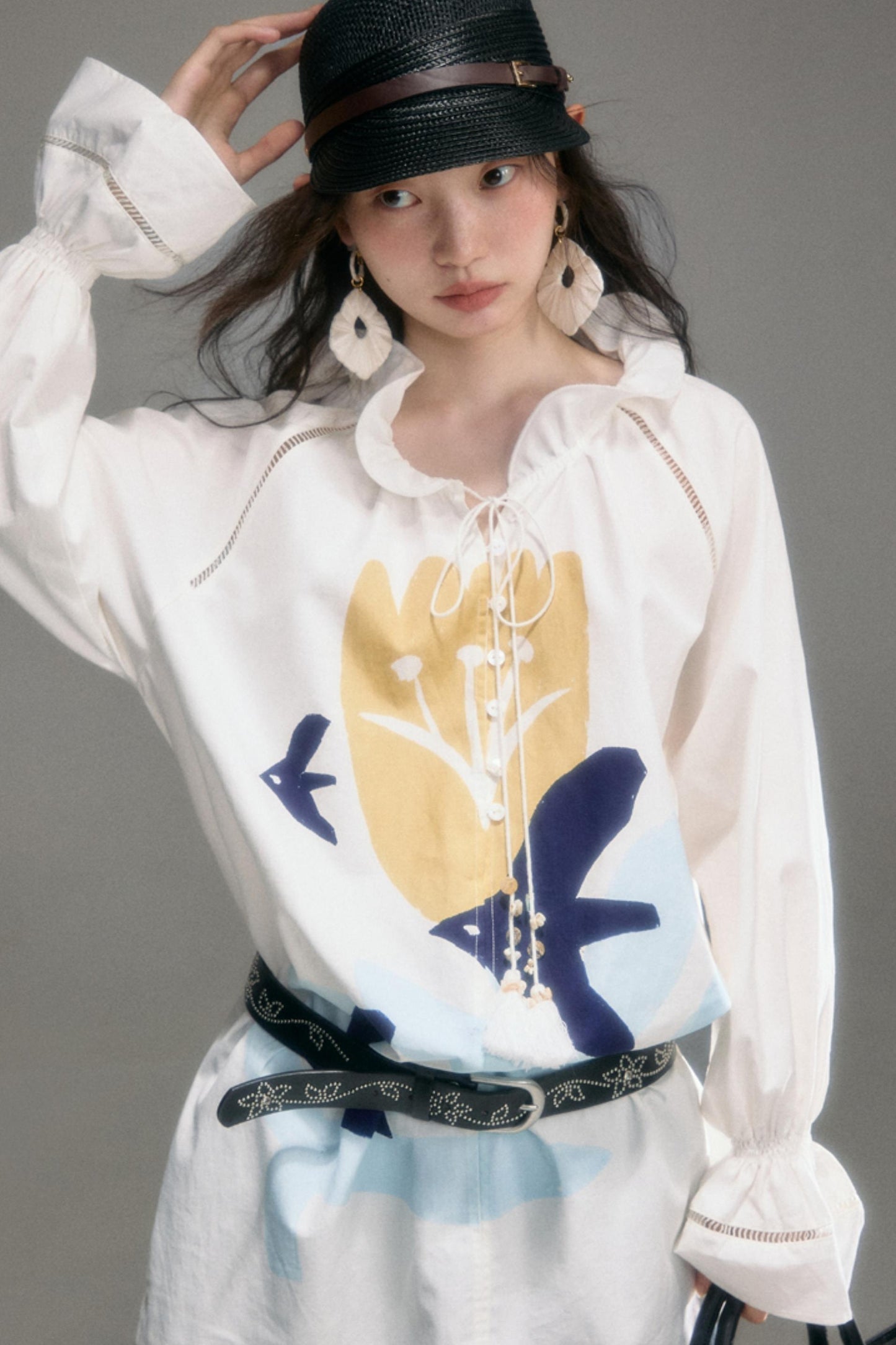 Tulip Bird Print Wood Ear Collar Long Top