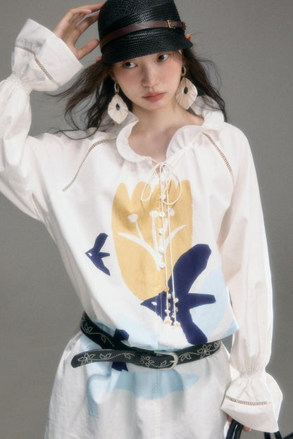 Tulip Bird Print Wood Ear Collar Long Top