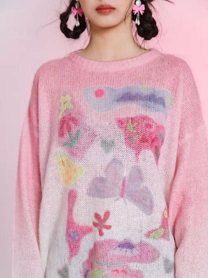 Romantic Butterfly Print Thin Sweater