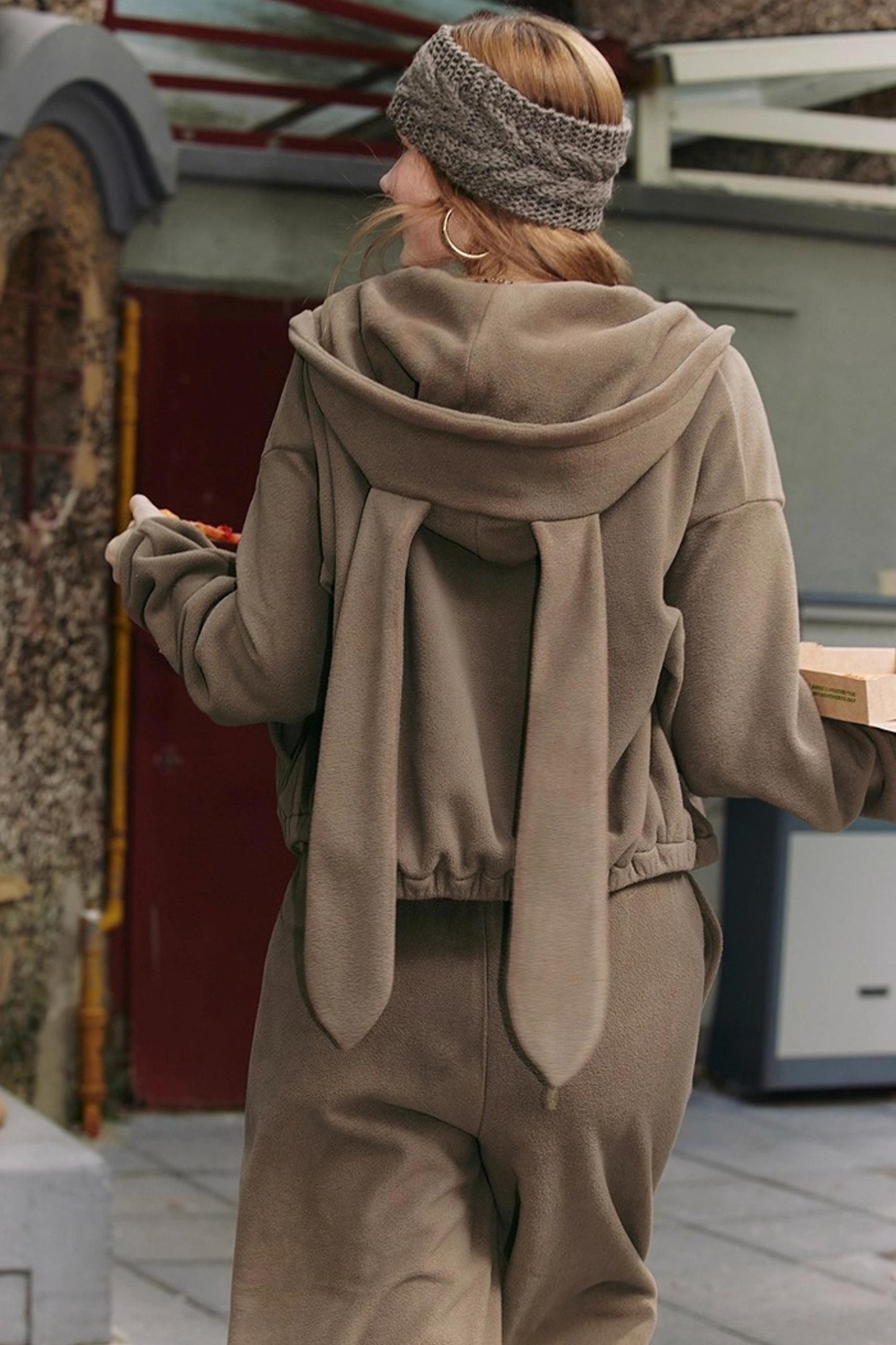 Khaki Fleece Bunny Ear Cardigan Set-Up