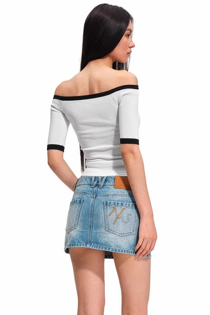 Off-Shoulder Contrast Knit Top