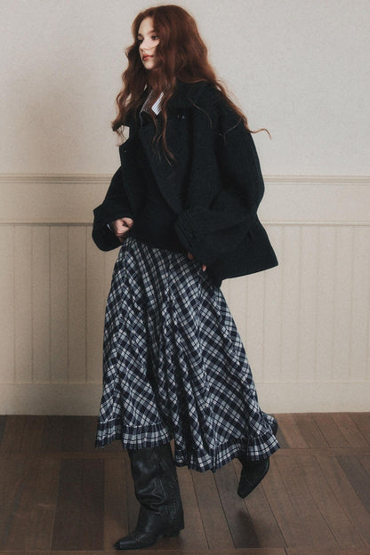 Navy Blue Check A-Line Swing Skirt