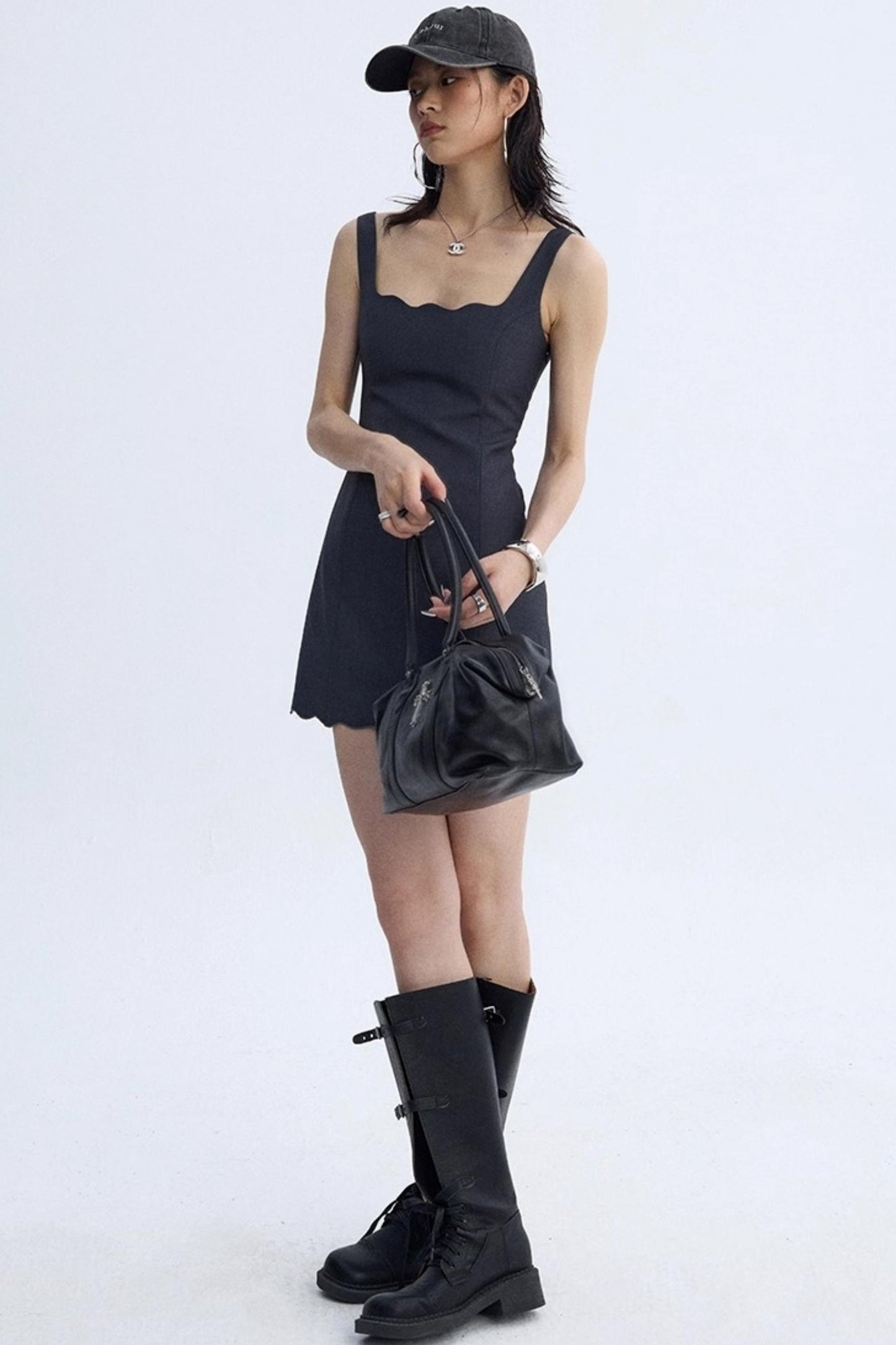 Wavy Black Princess Line Split Waist Dress