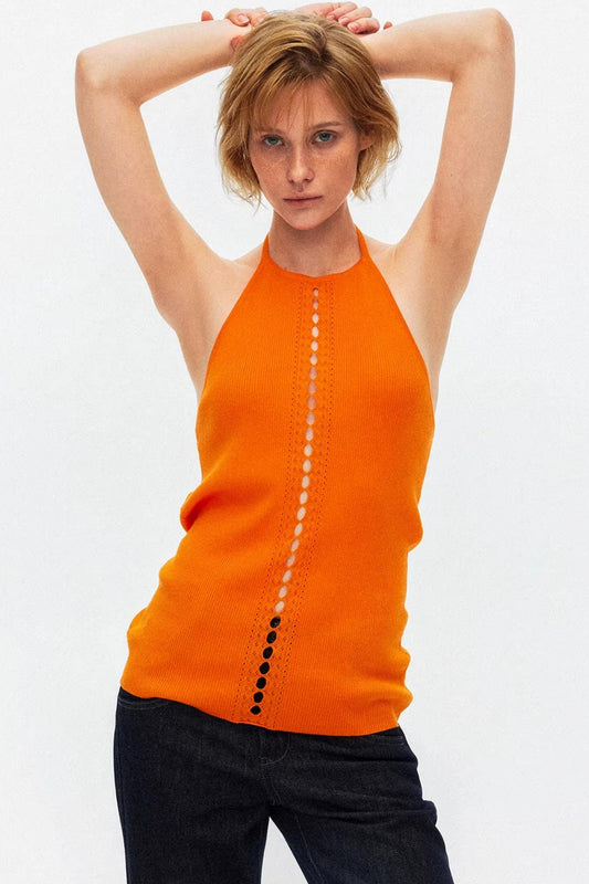 Vibrant orange color-blocked knit top made from premium lyocell fabric