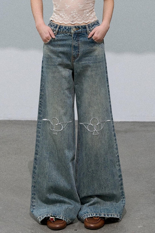 Laser-Cut Flower Vintage Wide-Leg Jeans