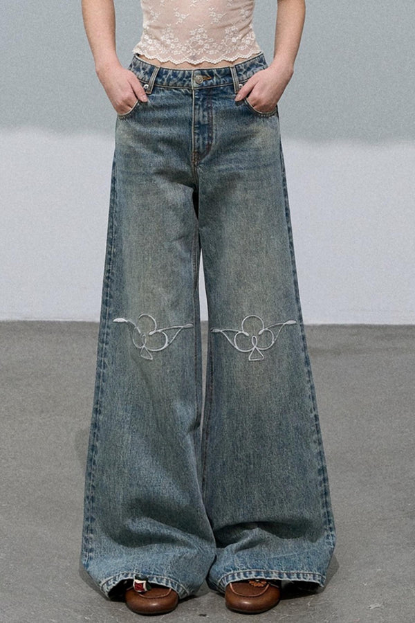 Laser-Cut Flower Vintage Wide-Leg Jeans