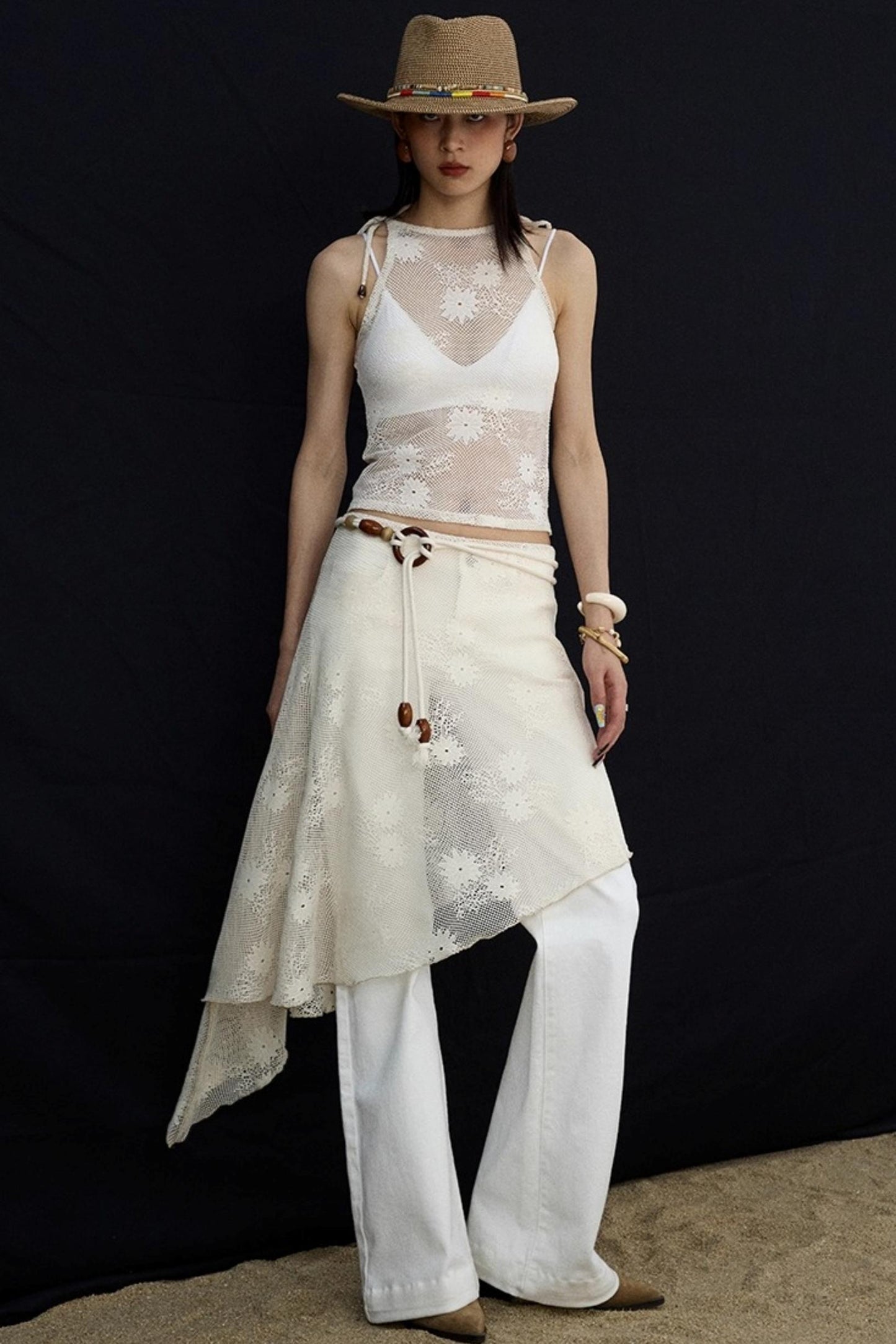 Jacquard Lace-Up Layered Skirt Set-Up