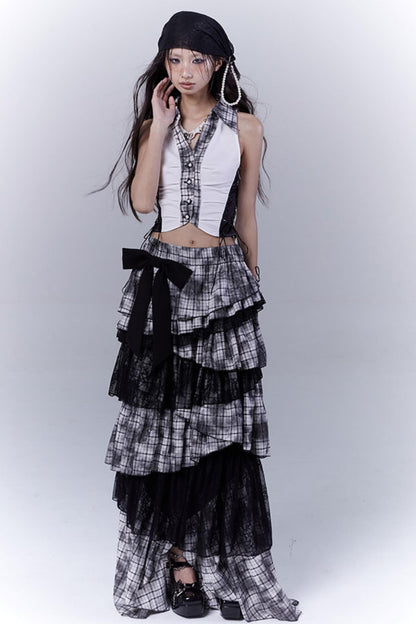 Wilderness Lace-Trimmed Plaid Bustier Skirt