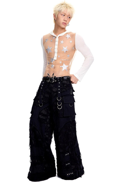 Pentagram Glitter Print Long-Sleeved Top