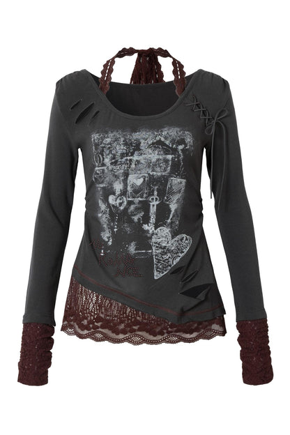 Punk Lace Print Round Neck Top