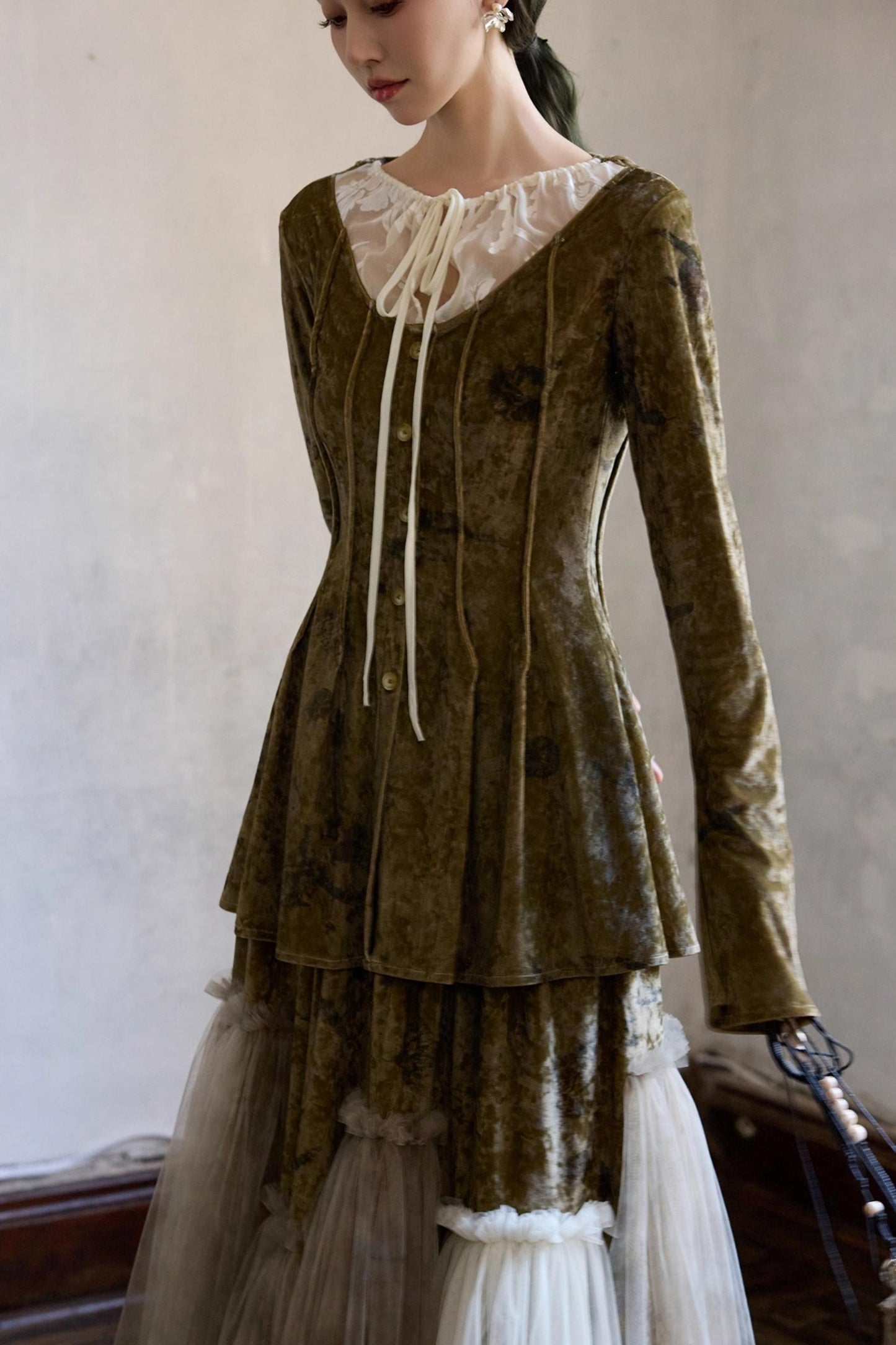 French Velvet Long Sleeve Lace-up Top